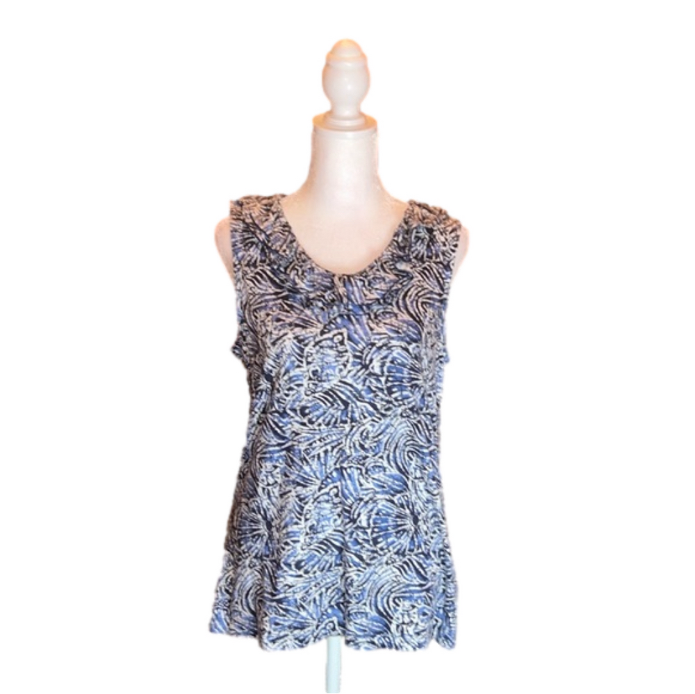 CHRISTOPHER & BANKS Blue & White Ruffle Neckline Tank Top Size M